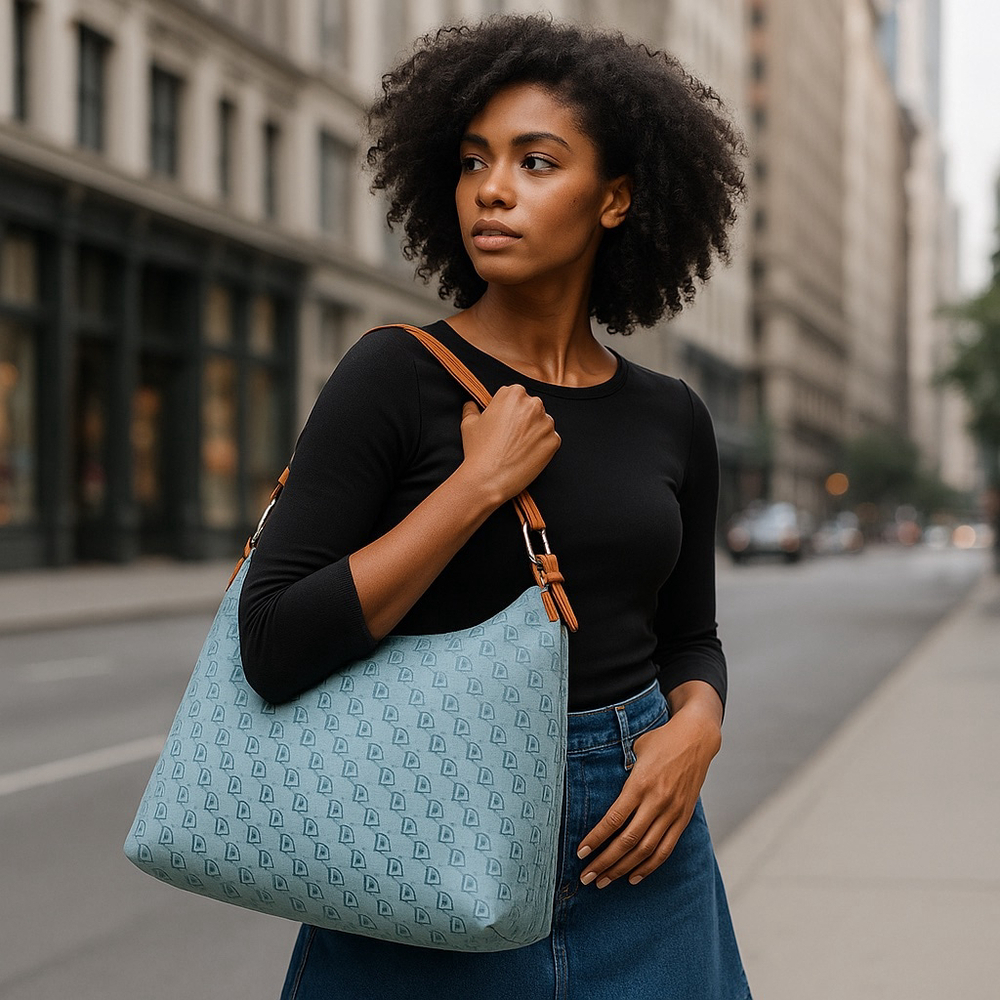 Dooney & Bourke Light Blue Monogram Shoulder Bag | DB Logo Canvas | Bag- 703